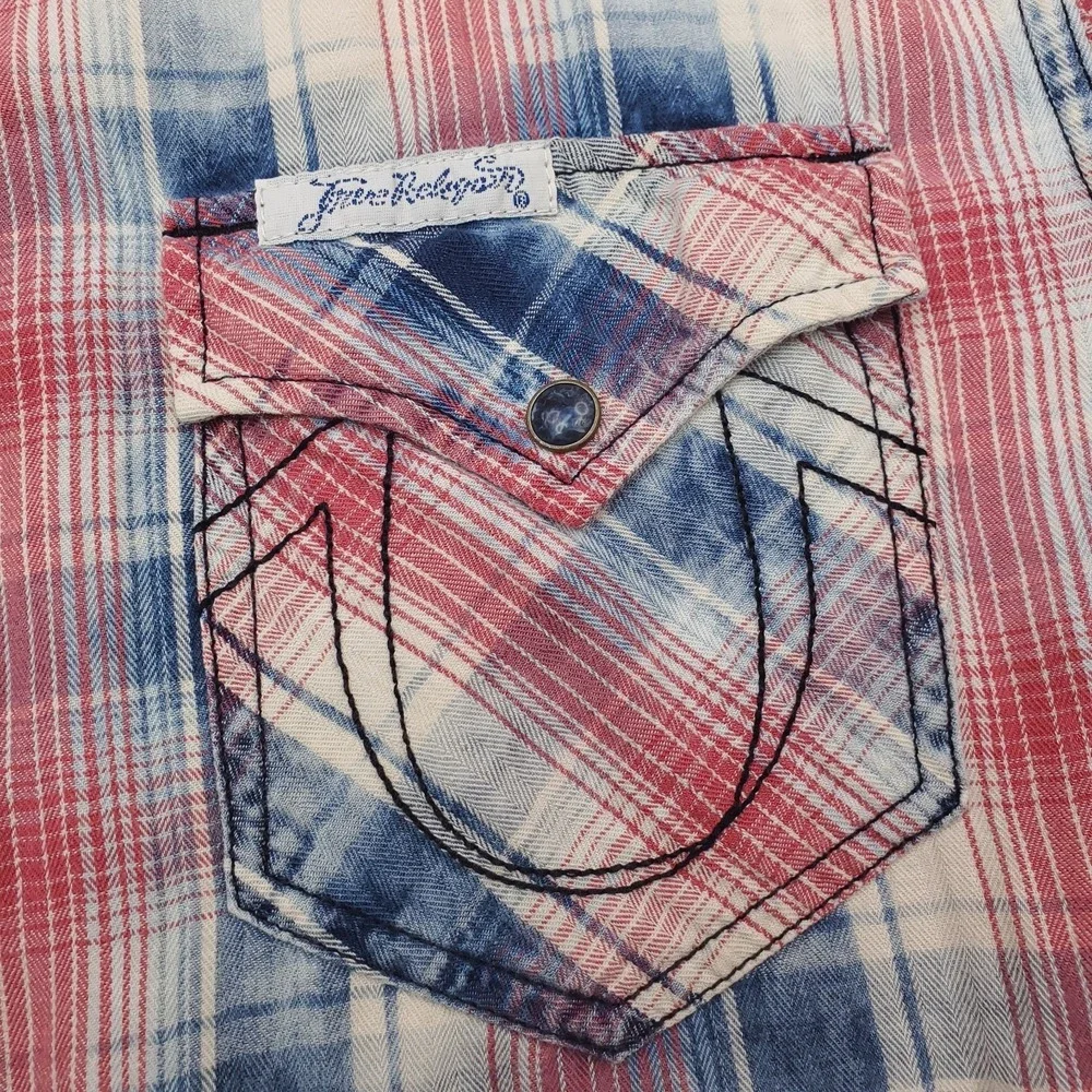 True Religion Shirt Men Large Red White Blue Plaid Western Pearl Snap Y2K Cowboy